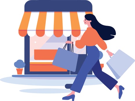 Hand Drawn A woman with shopping bags walks past a storefront in flat style vector