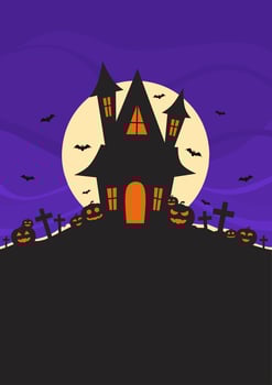 a4 template poster of halloween with haunted house and full moon behind it with some scary pumpkins and flying bats vector