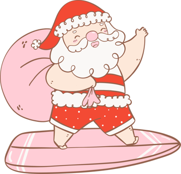 Cute Summer Santa Claus with surfboard, kawaii Christmas cartoon doodle hand drawing outline png