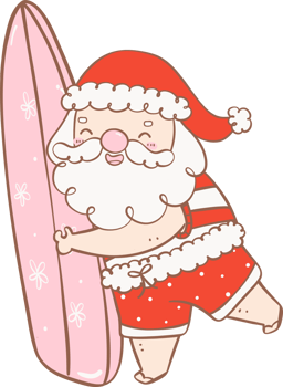 Cute Summer Santa Claus with surfboard, kawaii Christmas cartoon doodle hand drawing outline png