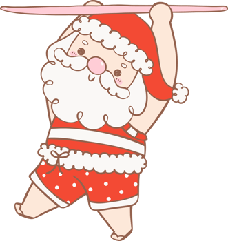 Cute Summer Santa Claus with surfboard, kawaii Christmas cartoon doodle hand drawing outline png