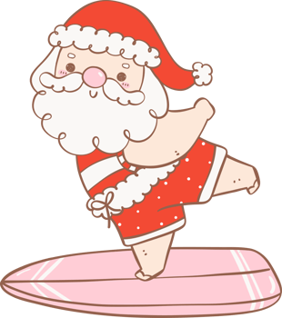 Cute Summer Santa Claus with surfboard, kawaii Christmas cartoon doodle hand drawing outline png