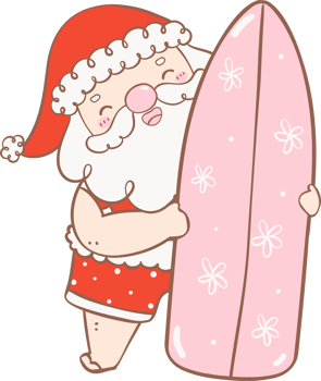 Cute Summer Santa Claus with surfboard, kawaii Christmas cartoon doodle hand drawing outline png