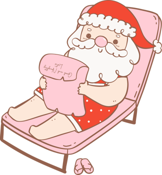 Cute Summer Santa Claus sunbathing, kawaii Christmas cartoon doodle hand drawing outline png