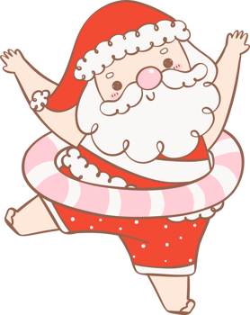 Cute Summer Santa Claus in swim ring, kawaii Christmas cartoon doodle hand drawing outline png