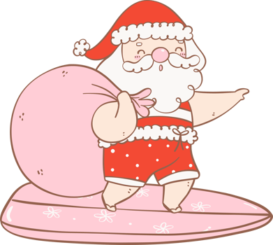 Cute Summer Santa Claus with surfboard, kawaii Christmas cartoon doodle hand drawing outline png