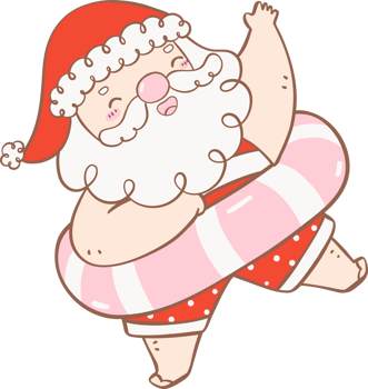 Cute Summer Santa Claus in swim ring, kawaii Christmas cartoon doodle hand drawing outline png