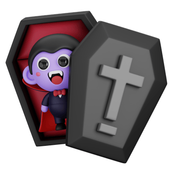 Funny Halloween Cartoon Character Vampire Dracula in Coffin isolated. 3d Render Illustration png