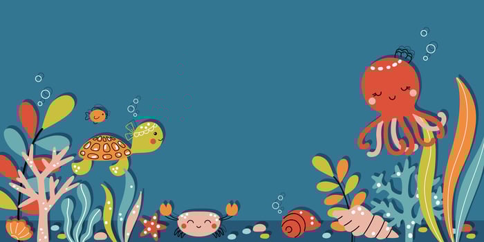 Cute sea animals vector illustration on navy blue background. Kawaii marine creatures swimming underwater on coral reef in seaweeds - octopus, sea turtle, crab, fish