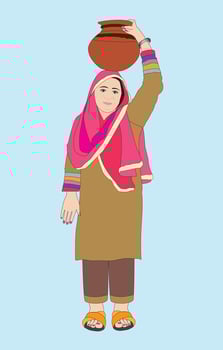 Pakistani Village women wearing Shalwar kameez and dupatta with clay pot vector