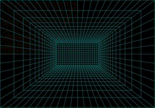 Inside of virtual reality. Interior perspective grid. Wireframe of digital data. Vector