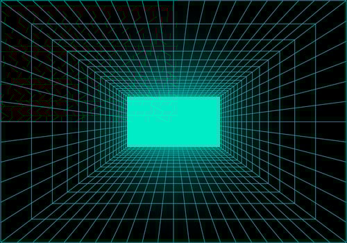 Virtual reality tunnel or wormhole. Perspective grid of empty tunnel with light in the end. Matrix data visualization. Vector