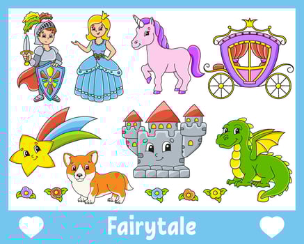 Set of stickers with cute cartoon characters. Fantasy clipart. Hand drawn. Colorful pack. Vector illustration. Patch badges collection for kids. For daily planner, organizer, diary.