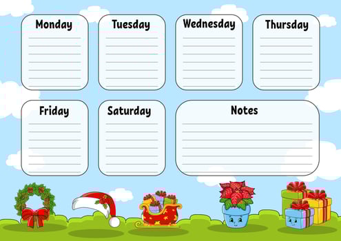 School timetable. For the education of children. Isolated on color background. With a cute cartoon character. Vector illustration.