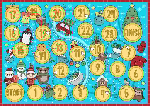 Christmas board game for children with Santa Claus and cute kawaii tree. Winter holiday party boardgame with snowman, bear, elf. New Year printable roll a dice activity vector