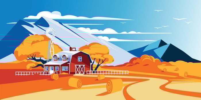 Autumn landscape of a farm among mountains. Agriculture and harvesting. Vector flat illustration