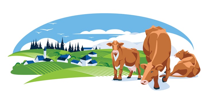 a view of the village in the middle of a green meadow. Agriculture and farming. Pets. Cows Vector flat illustration