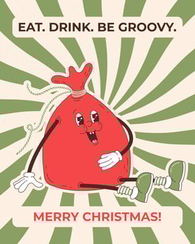 Groovy Christmas greeting card with gift bag and greeting text. Funny retro cartoon Christmas character in groovy 60s-70s vintage style. vector