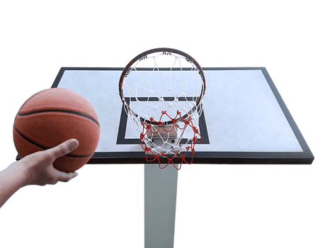 a man play basketball. Low angle view of basketball hoop, transparent background png