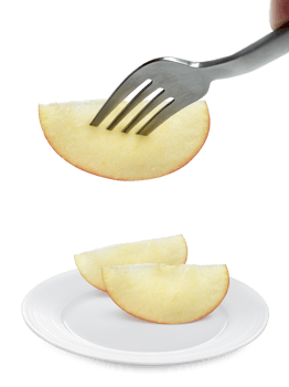 Apple fruit on dish and fork, transparent background png