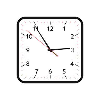 Clock vector. Classic black and white square wall clock vector. Clock face vector illustration