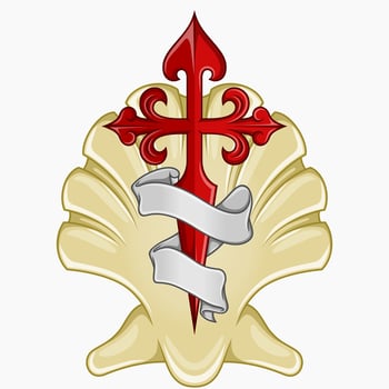 Vector design of christian symbology of the apostle santiago, Cross of the apostle Santiago with veneer and ribbon