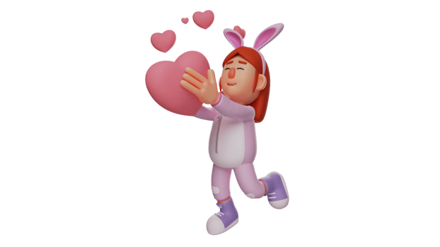 3D illustration. Romantic Bunny Girl 3D cartoon character. Bunny Girl carries a great symbol of love. Little girl wearing a bunny costume and smiling happily. 3D cartoon character png