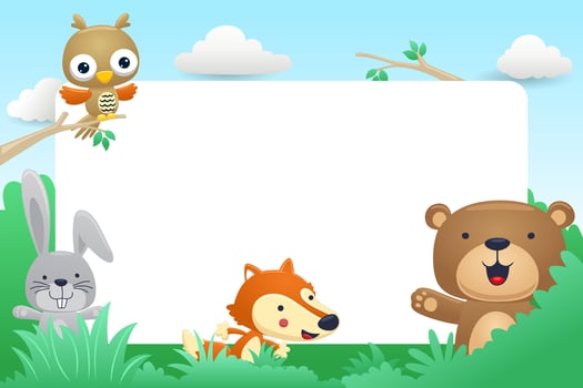 Funny woodland animals cartoon with blank sign. Vector illustration