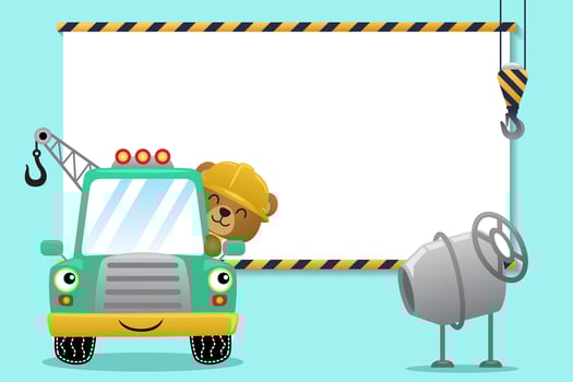 Cute bear cartoon driving tow truck. Industrial elements with blank sign vector illustration