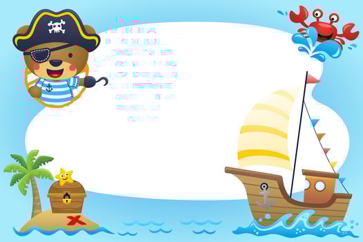 Cute bear pirate with pirate sailing element on blank sign background. Vector cartoon illustration