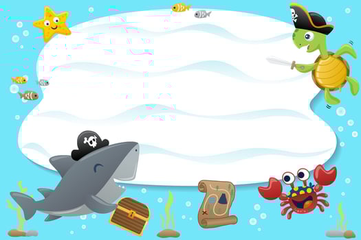 Marine animals pirate with blank sign. Vector cartoon illustration