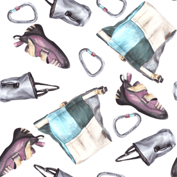 Chalk bags with sport climbing carabiner and bouldering shoe seamless pattern. Hand drawn illustration Boulder equipments Repeating design for wrapping, wallpaper printing png