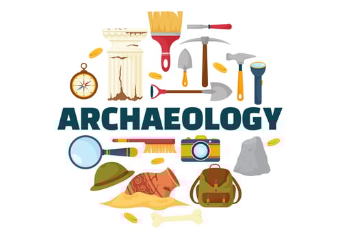 Archeology Vector Illustration with Archaeological Excavation of ancient Ruins, Artifacts and Dinosaurs Fossil in Flat Cartoon Hand Drawn Templates