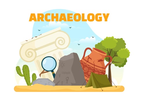Archeology Vector Illustration with Archaeological Excavation of ancient Ruins, Artifacts and Dinosaurs Fossil in Flat Cartoon Hand Drawn Templates