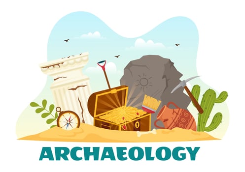 Archeology Vector Illustration with Archaeological Excavation of ancient Ruins, Artifacts and Dinosaurs Fossil in Flat Cartoon Hand Drawn Templates