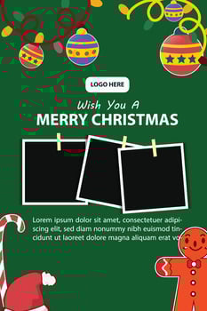 vector template for merry Christmas poster, banner, social media post, with green background and polaroid Christmas ornaments for photos