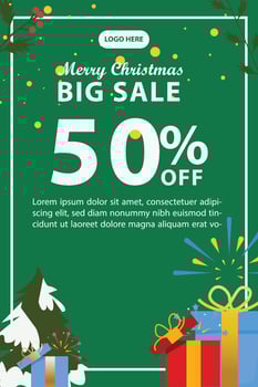 vector template for merry Christmas poster, banner, social media post, with green background and polaroid Christmas ornaments for photos