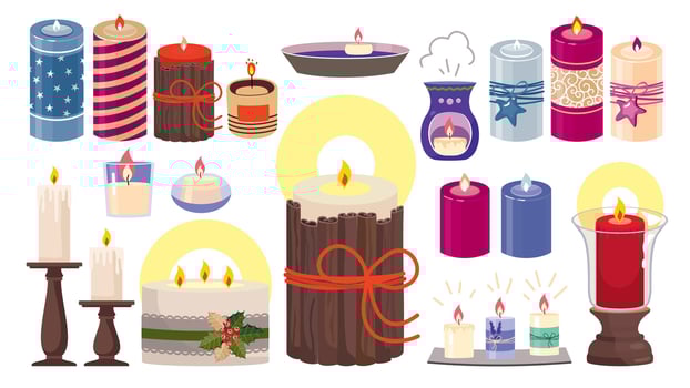 Festive Christmas candles set. Festive candles of different shapes and colors. Decorated candle. Illustrated vector clipart.