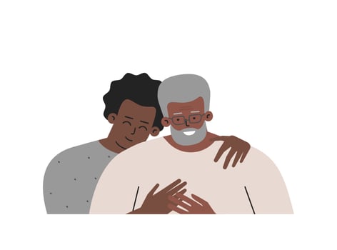 Vector isolated portrait. Son and happy senior dad spend day together. Teenager hugs his father. Two generations show  close relations, love and affinity in African American family. Boy trusts daddy