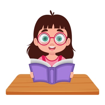 Vector happy girl studying, book in hands