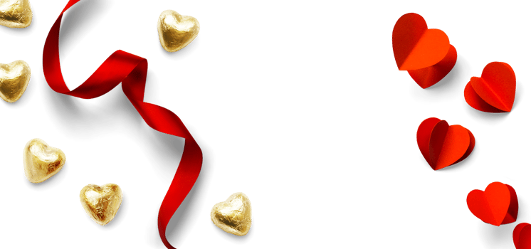 Design elements for Valentine's Day background. Pairs of red hearts, heart shaped golden candies and Red ribbon on a transparent background, flat lay, clipping path, real soft transparent shadow. PNG