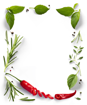 culinary frame, border PNG Food design element. red hot chile pepper, Spices and herbs with real transparent shadow on transparent background. Variety of spices and mediterranean herbs.