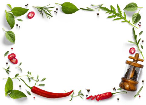 frame, border PNG Food design element. Spices and herbs with real transparent shadow on transparent background. Variety of spices and mediterranean herbs.