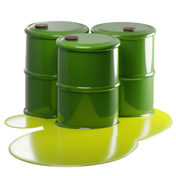 3D rendering of green metal barrels with leaking radioactive liquid. Pollution of environment with waste of chemical industry. Realistic PNG illustration isolated on transparent background