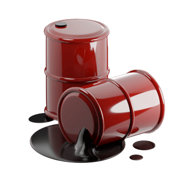 3D rendering of isometric red metal barrels with oil products. Pollution of environment with waste of oil refining and chemical industry. Realistic PNG illustration isolated on transparent background