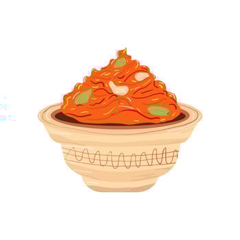 Indian traditional food. Carrot halwa with pistachios and cashews, Gajar Ka Halwa in a bowl with a pattern. Diwali mithai colorful flat illustration. Isolated on white background. vector