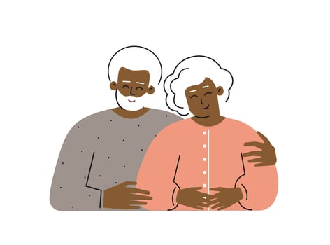 Vector flat isolated illustration with cartoon characters of african american old couple. Happy senior grandparents are hugging. Romantic relationships of cute pensioners. White background.