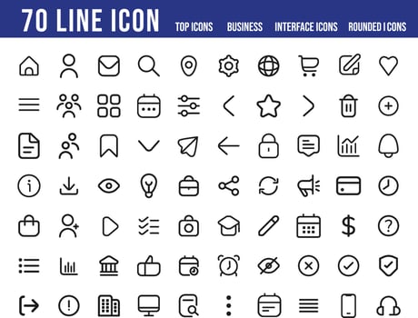 Pack of 70 outlined user interface icons for web and mobile vector