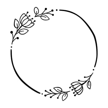 Black line flowers leaves circle frame. Vector illustration for decorate logo, text, greeting cards and any design.
