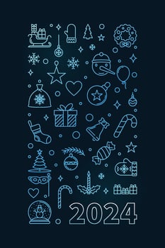 2024 Merry Xmas blue vertical banner in thin line style - vector Happy 2024 New Year creative illustration